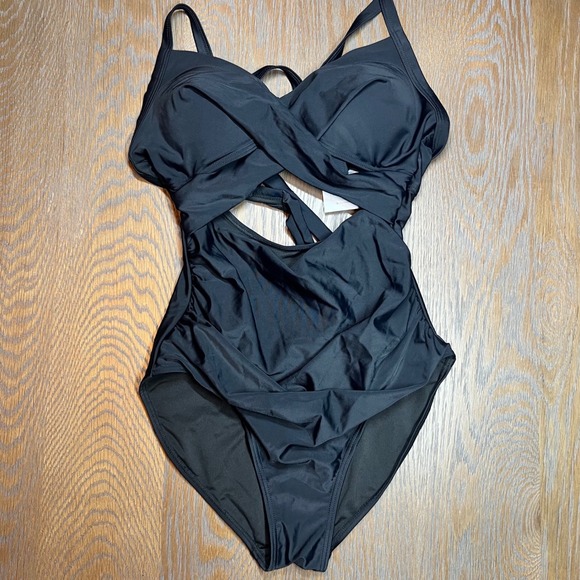Black One Piece Swimsuit Crossover Halter Cutout Monokini Small - Picture 2 of 4